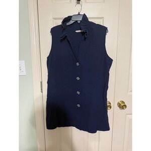 Soft Surroundings Navy Blue Textured V-Neck Sleeveless Button Up Top Size L